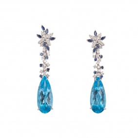 White Gold Blue Topaz, Sapphire And Diamond Earrings